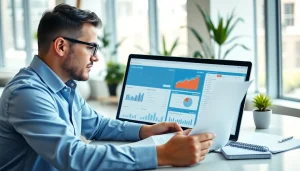 Review process in contract management showcasing a consultant analyzing contracts with digital tools.