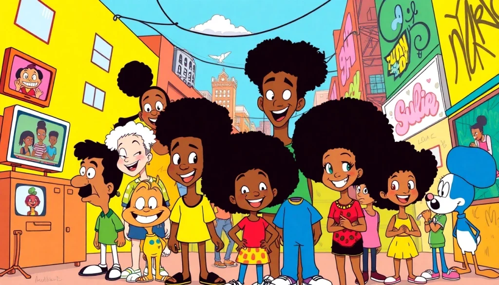 A vibrant scene featuring iconic African American cartoons celebrating representation and diversity in animation.