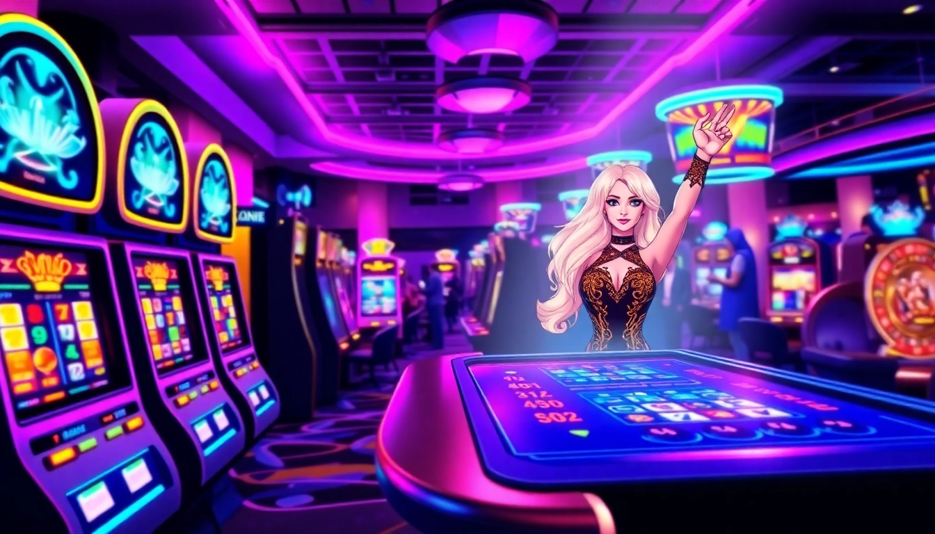 Exciting illustration of Vegas hero online casino gameplay with vibrant neon lights.