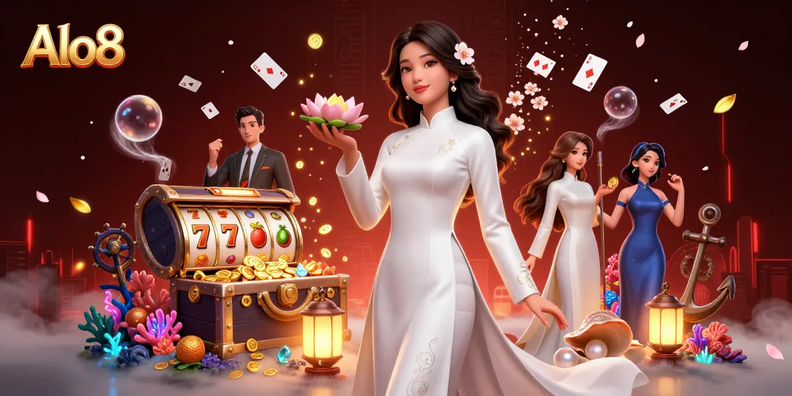 Alo8 offers thrilling casino action with elegant Vietnamese character holding a lotus and jackpot elements.