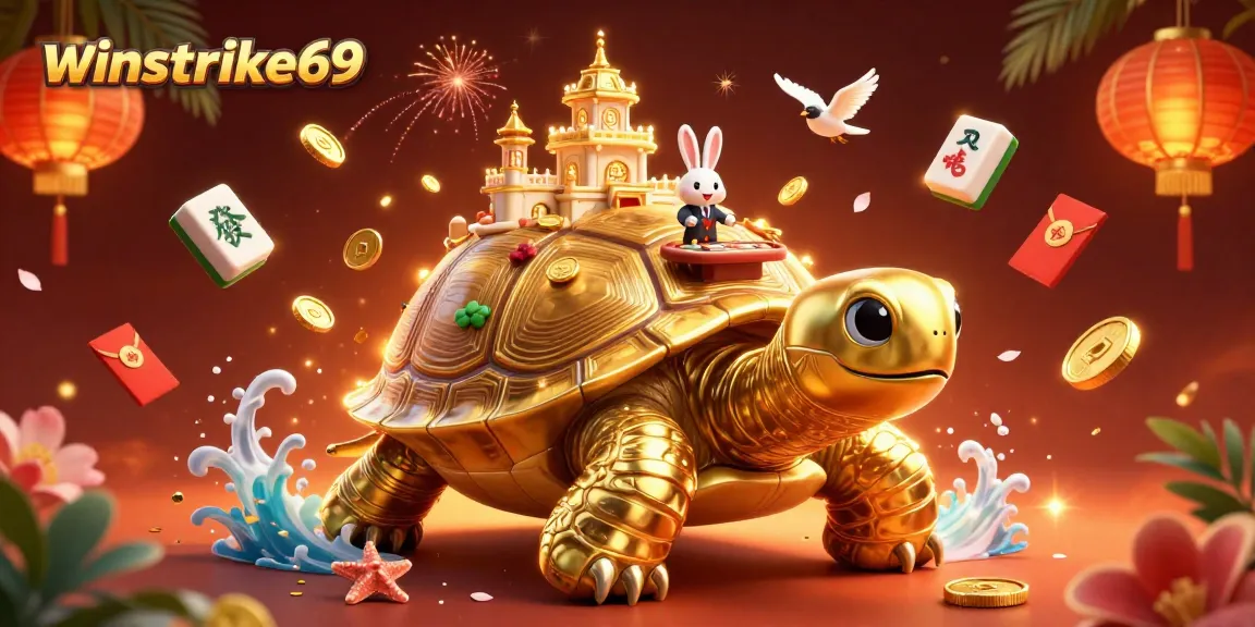Winstrike69 engages players with a vibrant illustration of a golden tortoise casino scene.