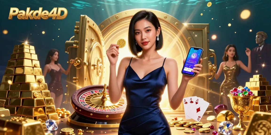 Pakde4D showcases a stunning Asian woman holding a golden chip and smartphone while surrounded by casino elements in a lively atmosphere.