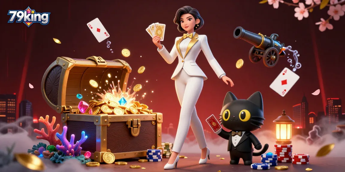 Experience the excitement of 79king with a glamorous dealer and playful cat in a vibrant casino scene.