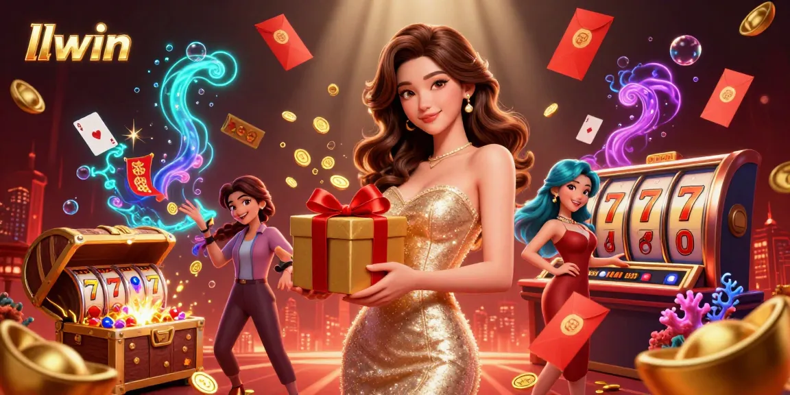 llwin showcases stunning casino atmosphere with a glamorous Asian woman presenting a gift box of winnings