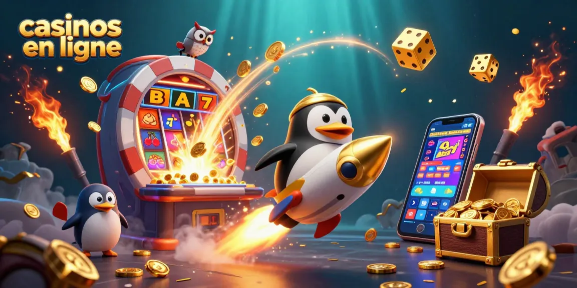 Jouez dans des casinos en ligne avec un manchot doré propulsé par fusée, plein de pièces d'or.