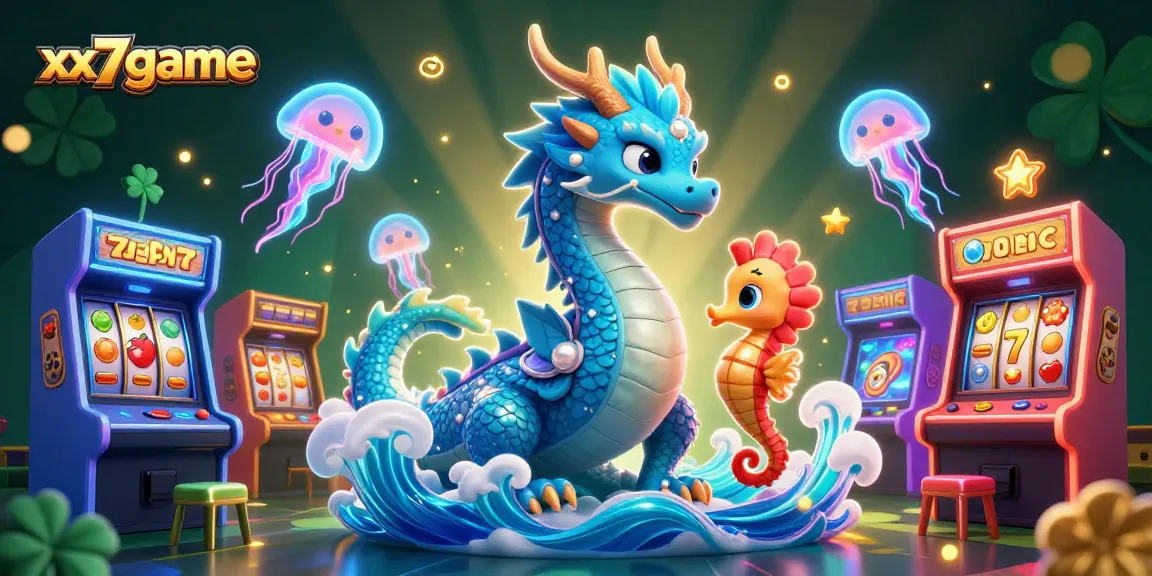 Experience the excitement of winning with xx7game's colorful dragon and arcade elements in a vibrant casino scene.