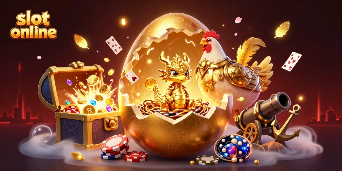 Slot online dengan naga emas dan tumpukan chip poker, dikelilingi harta karun dan slot reel