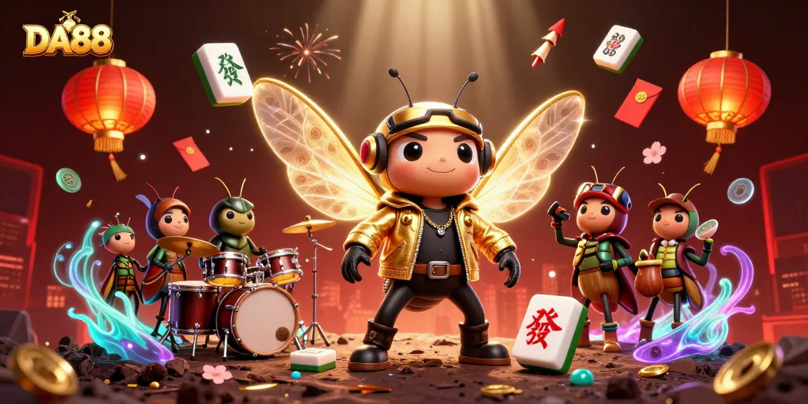 DA88 illustration of a cicada rock star amidst vibrant casino elements encouraging excitement.