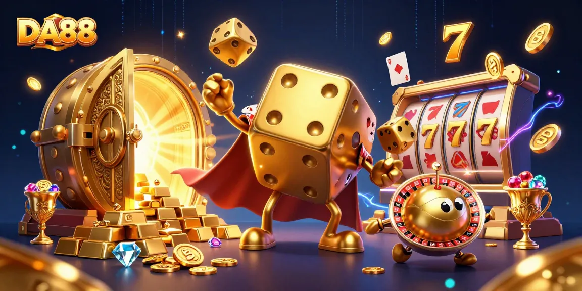 Engage with DA88 in a vibrant casino scene featuring golden dice and a jackpot atmosphere.