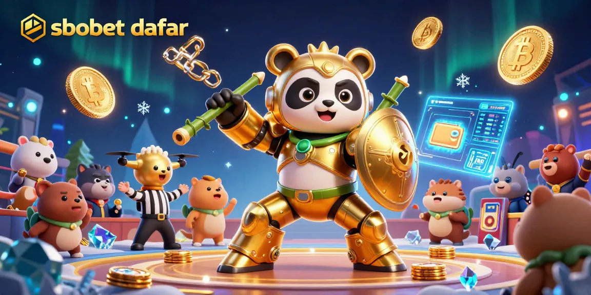 Engage with sbobet daftar in a vibrant 3D scene featuring a golden panda in a mech suit.