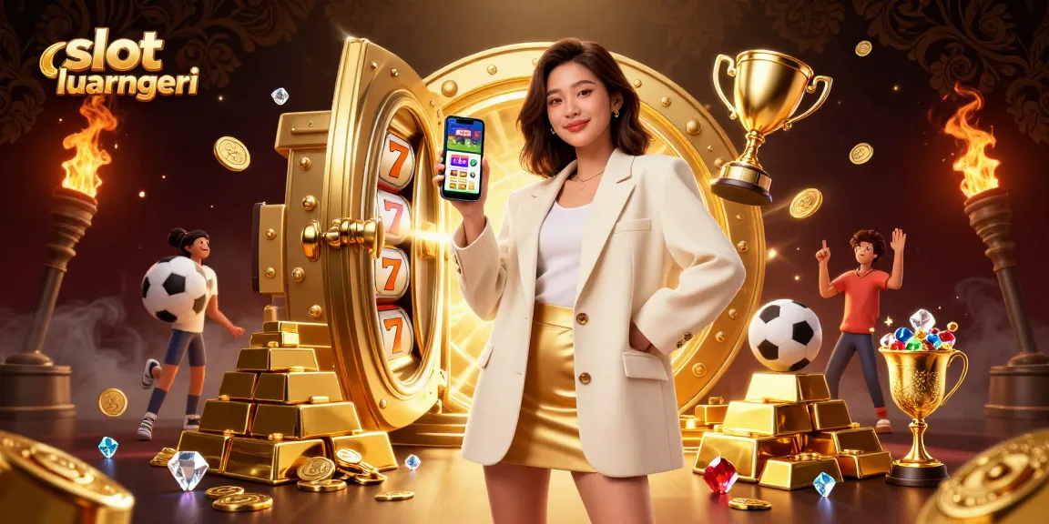 Experience the thrill of slot luar negeri with an Asian woman holding a betting app amidst sparkling treasures.