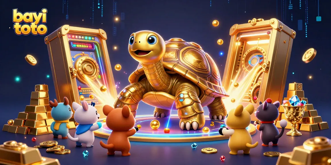 Engage with bayi toto's vibrant lottery scene featuring a colossal golden tortoise amidst dazzling treasures.