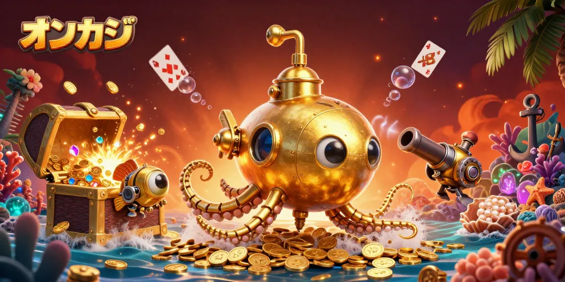 オンカジで遊ぶ様子を描いた鮮やかなイラスト。金色のタコの潜水艦ずらりと金貨を潜るシーン。