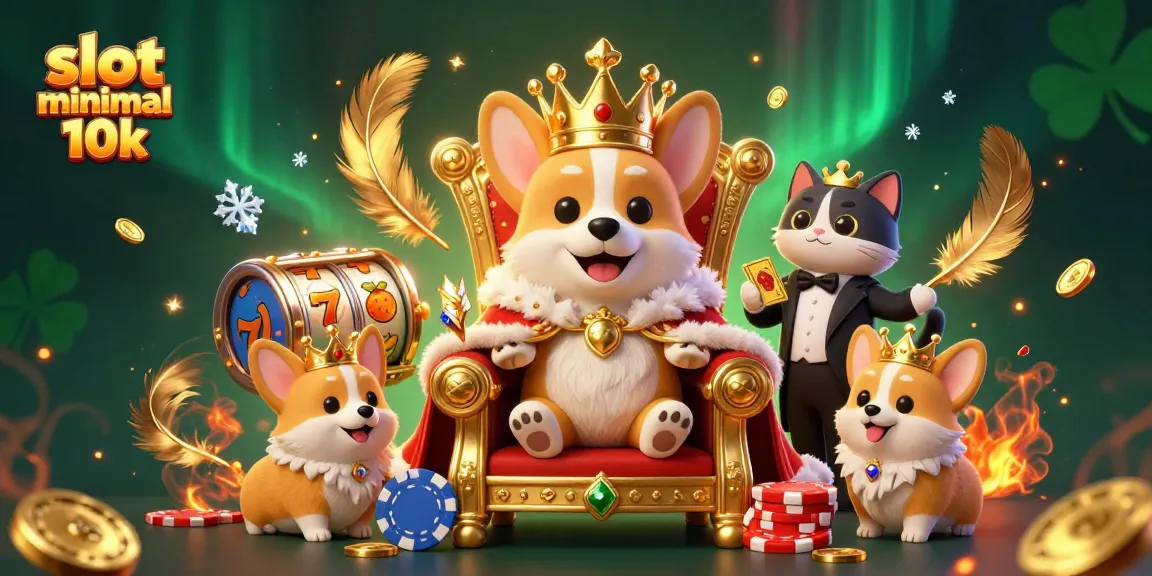 Slot minimal depo 10k menunjukkan corgi dengan mahkota emas di tahta, simbol slot, dan koin emas bertebaran.