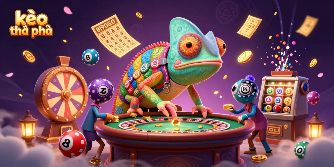 Experience the excitement of kèo thẻ phạt betting with vibrant casino elements and engaging chameleon character.