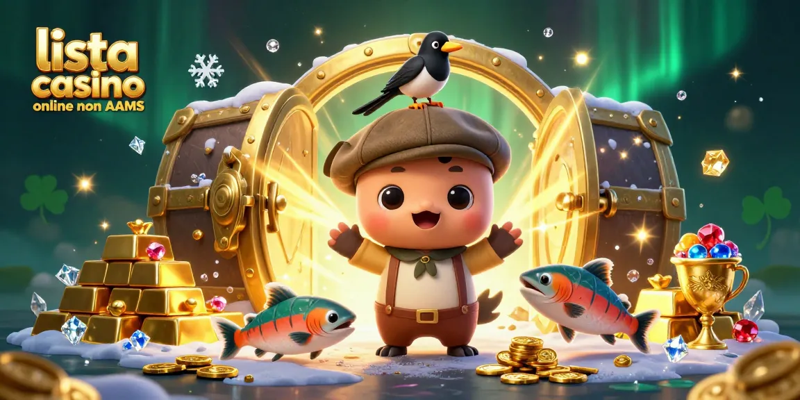 Interagisci con la lista casino online non AAMS che mostra un giocoso mostro di Loch Ness e tesori d'oro in un vivace ambiente di casinò.