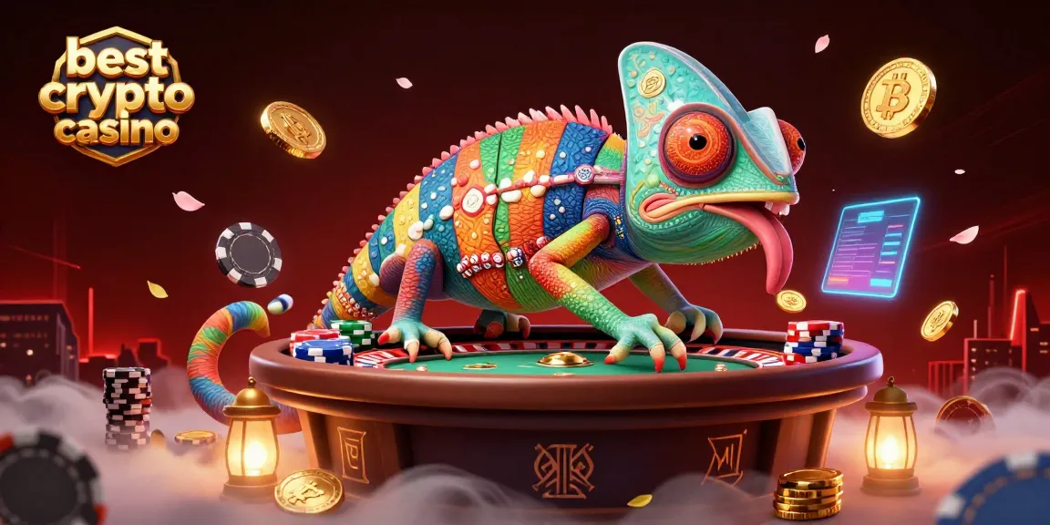 Plongez dans l'univers du meilleur casino crypto avec un caméléon 3D attirant les gains en cryptomonnaies.