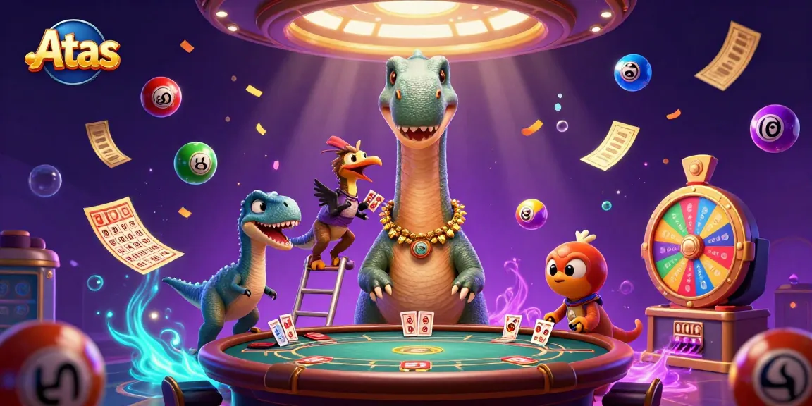 Atas casino features a brontosaurus dealer and colorful lottery elements in a vibrant scene.