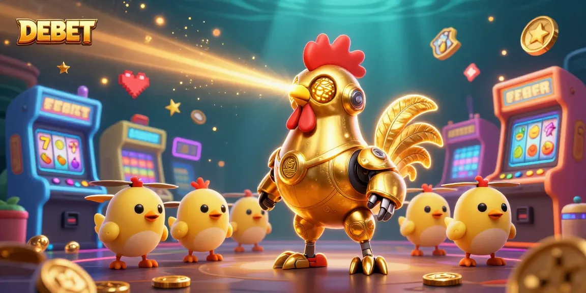 Engage in vibrant casino excitement with DEBET's golden rooster robot and dynamic game elements.