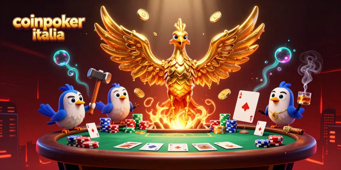 Gioca a Coinpoker Italia con un'avvincente scena di poker e un'audace fenice d'oro che emerge, circondata da fiches e carte.
