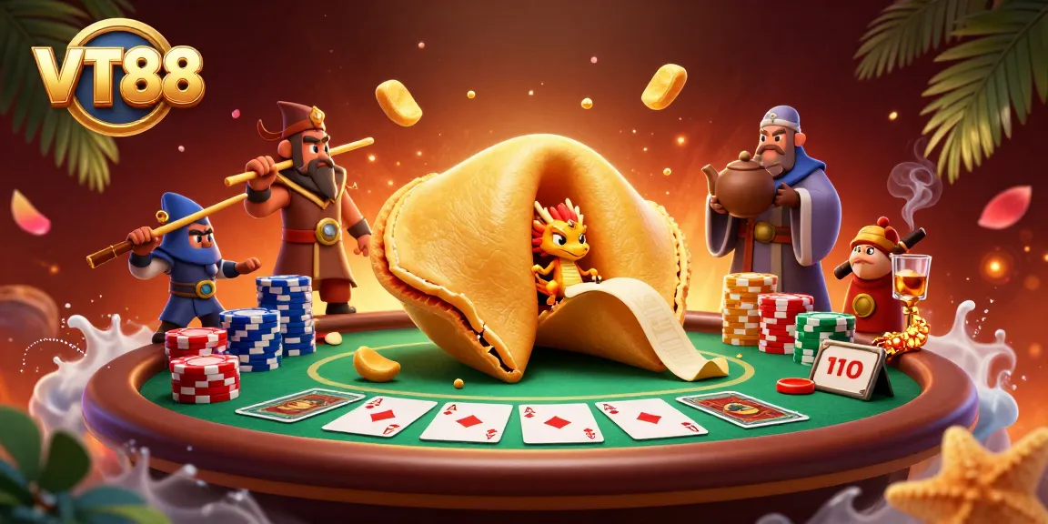 Engage in high-stakes poker with VT88's dynamic scene featuring a golden cookie and casino elements.