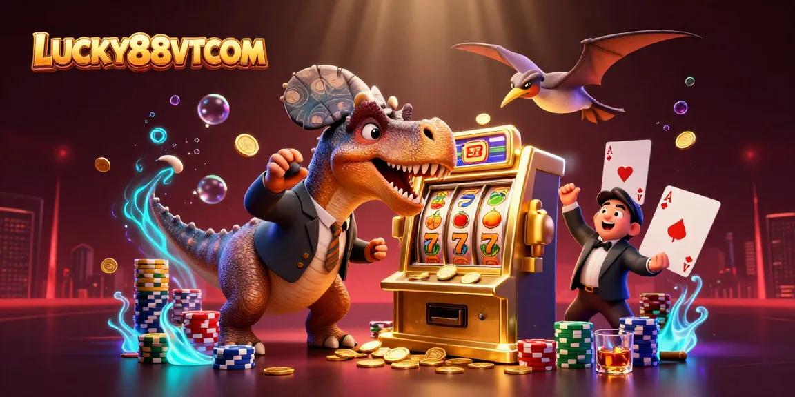 LUCKY88VTCOM players enjoying an exciting jackpot with a cartoon dinosaur at a vibrant casino scene.