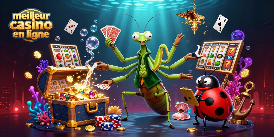 Illustration d'un meilleur casino en ligne mettant en scène un mante religieuse et une coccinelle dans un environnement vibrant.