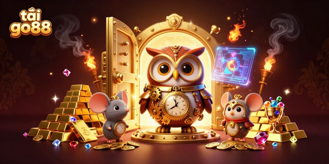Engage with thrilling gaming excitement and tải go88, featuring a whimsical time-traveling owl amidst a treasure-filled casino.