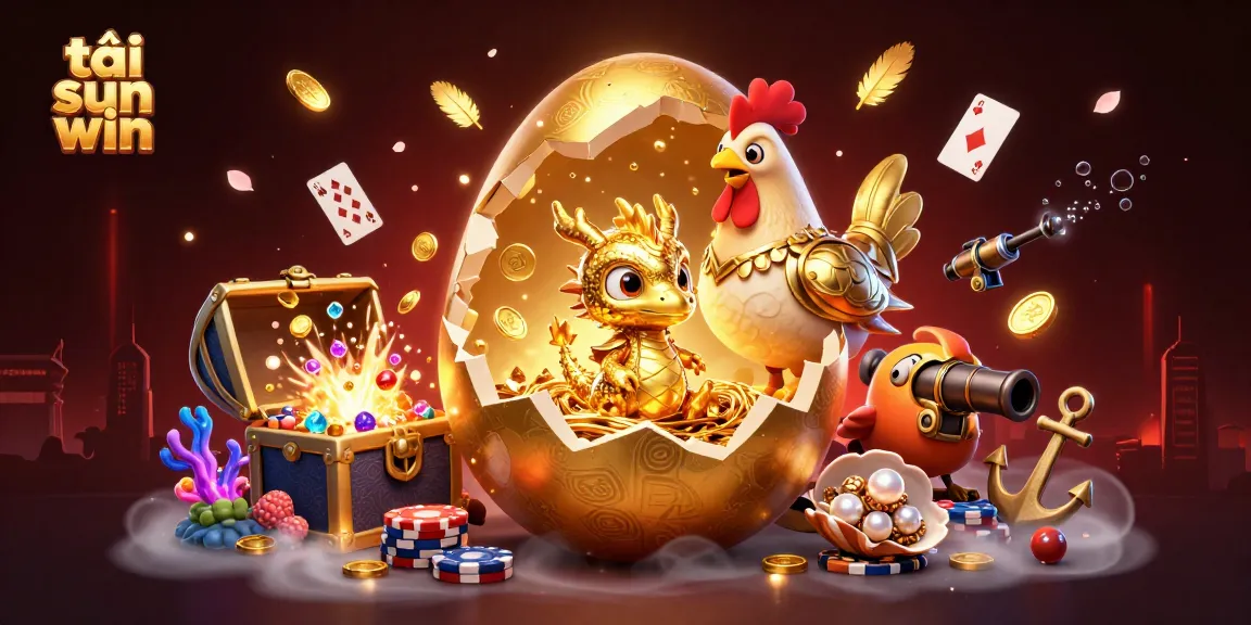 Engage in thrilling games with tải sun win as golden treasures and cards float around a golden dragon.