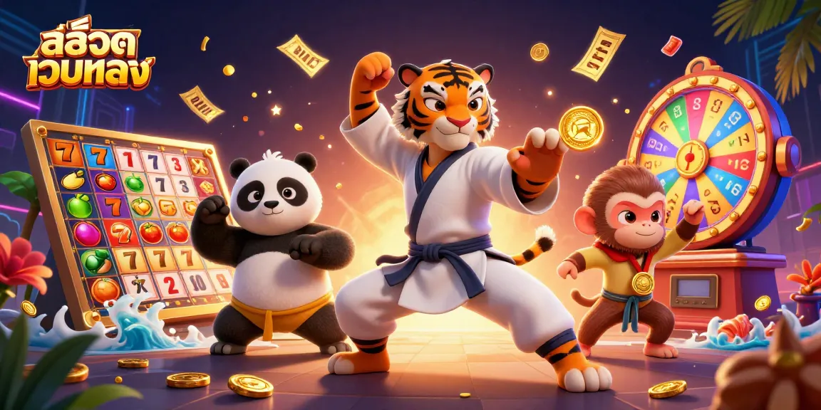 Engage with สล็อตเว็บตรง in a vibrant casino scene featuring thrilling slot elements and colorful characters.