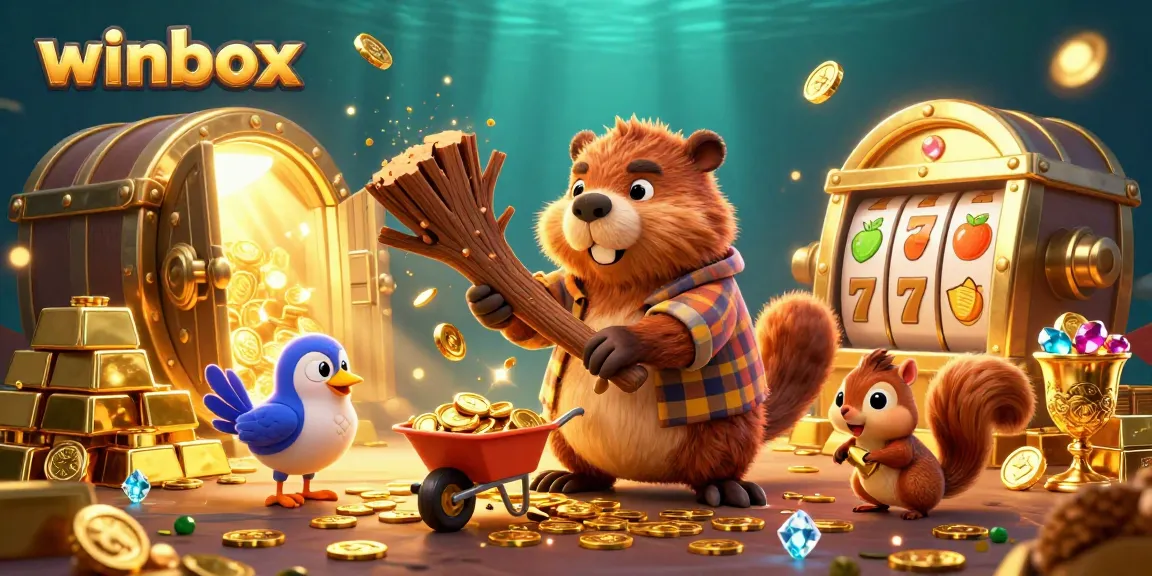 Winbox delivers excitement with a dynamic scene featuring casino elements like slot reels, icons, and gold coins.