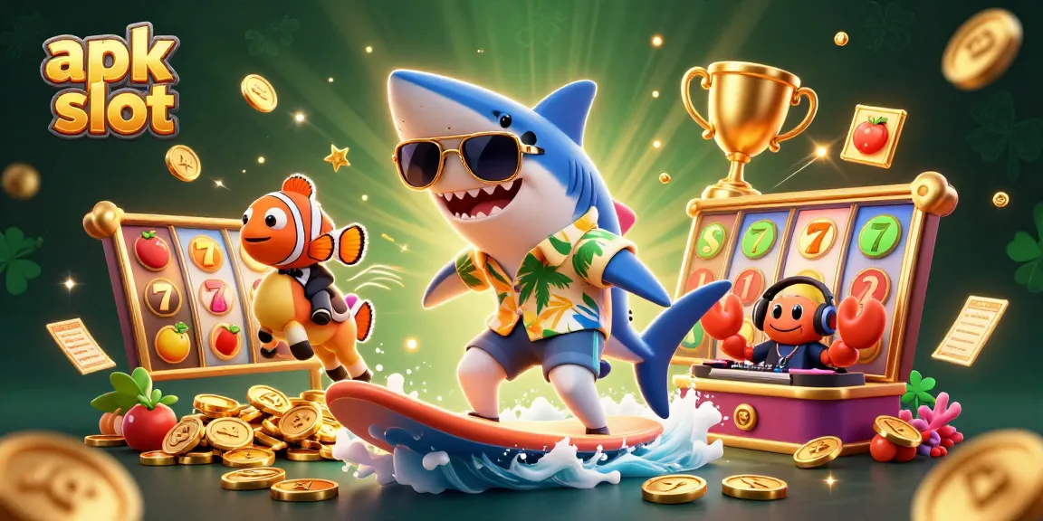 Mencoba apk slot di gambar ilustrasi tiga dimensi dengan elemen mesin slot yang bergemerlapan dan karakter ikan hiu.