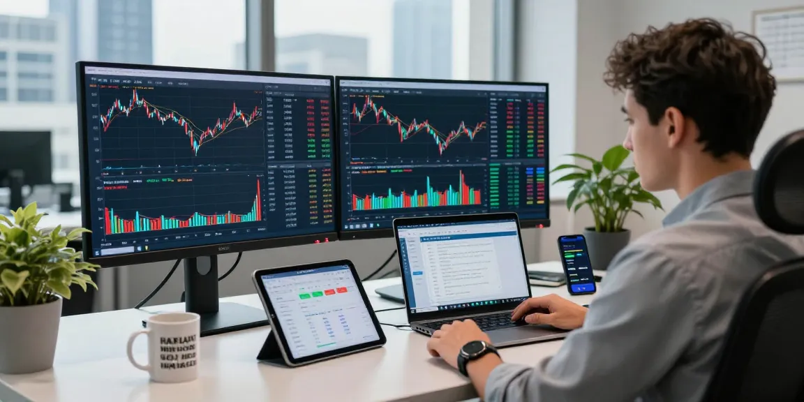 Trader analyzing financial markets with MetaTrader 5 at a modern workspace
