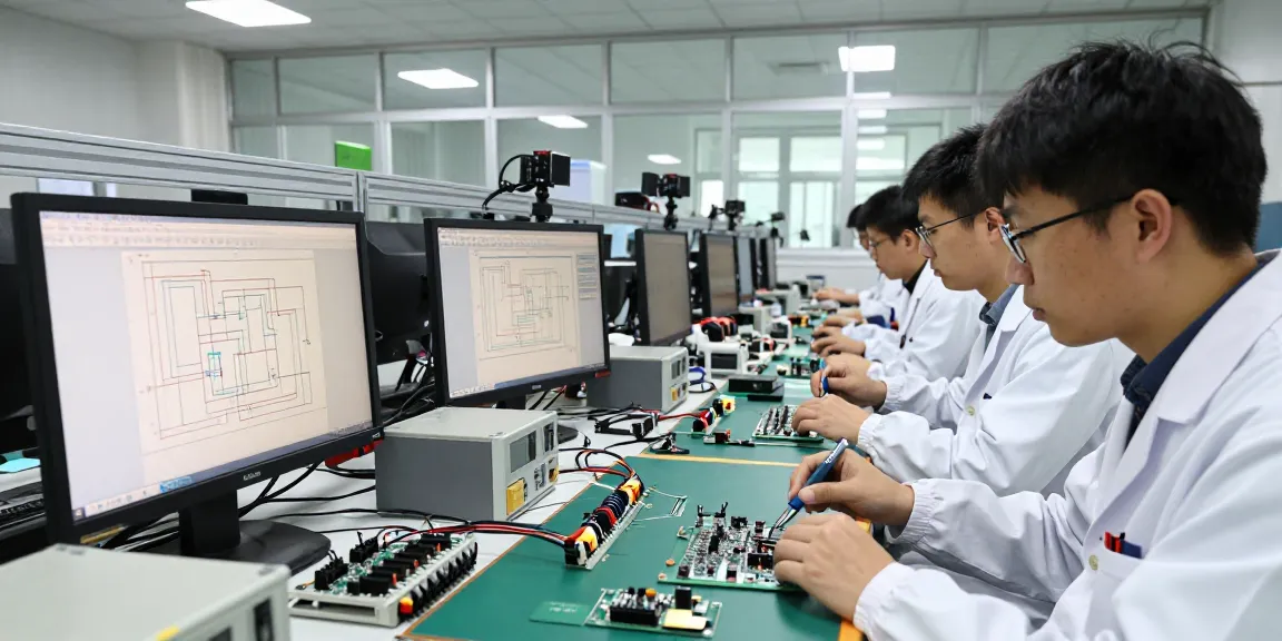 Engineers examining wire connectors terminals in a professional electronics manufacturing setup.