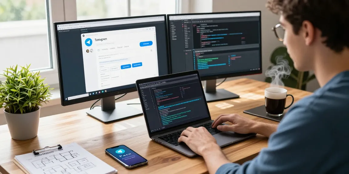 Developer using 纸飞机中文版 on dual monitors in a modern workspace