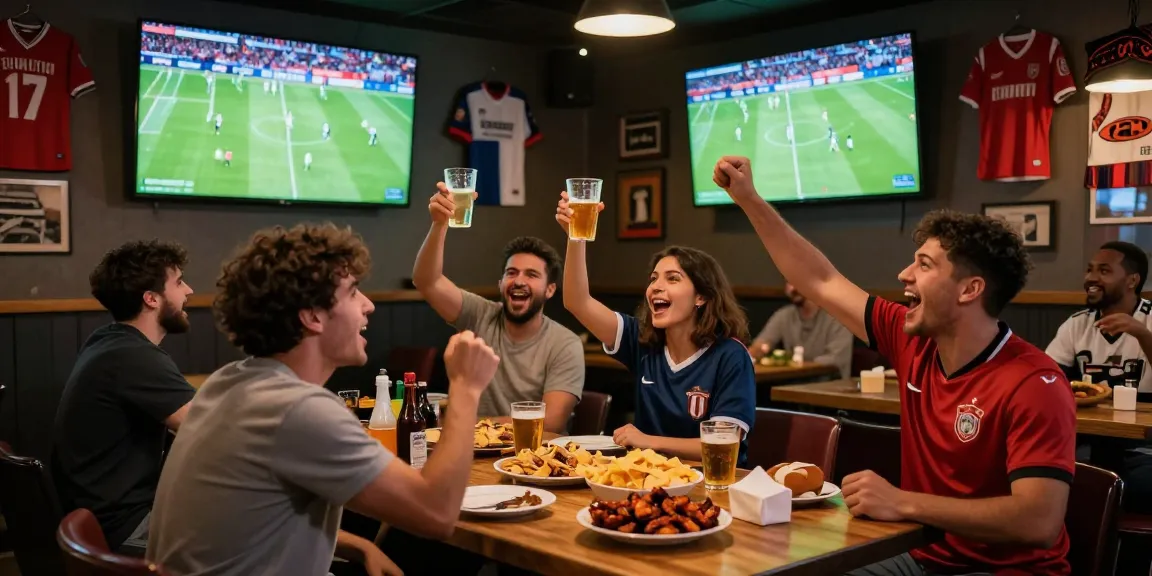 Kooralive fan experience in a lively sports bar with cheering crowd and live match highlights.