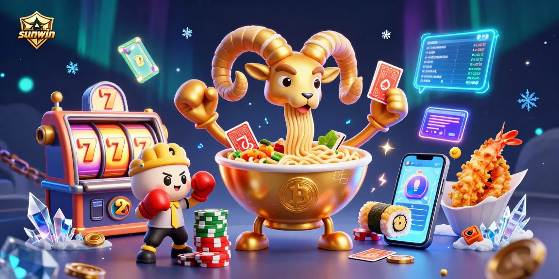 Sunwin engages players with a dynamic casino scene featuring colorful slot reels and 3D characters