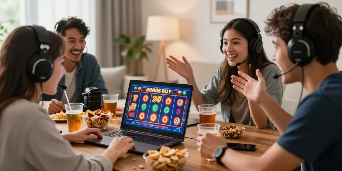 Exciting bonus buy slots gameplay at https://aboutderbyshire.co.uk, featuring friends celebrating victories in a lively living room.