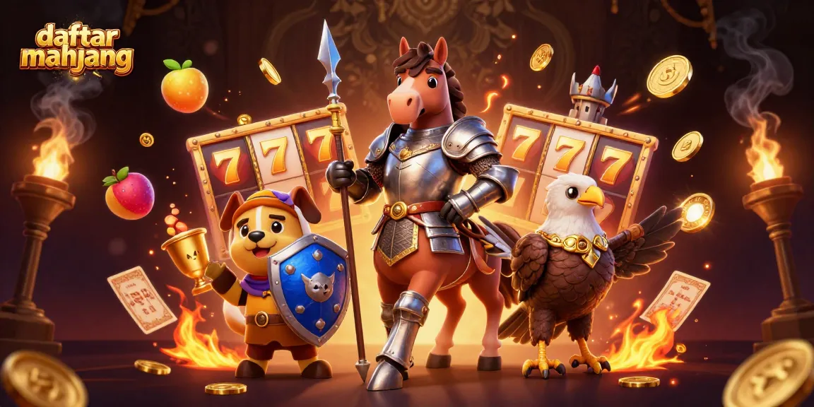 Experience daftar mahjong with engaging slot reels and triumphant knight characters in an exciting casino environment.