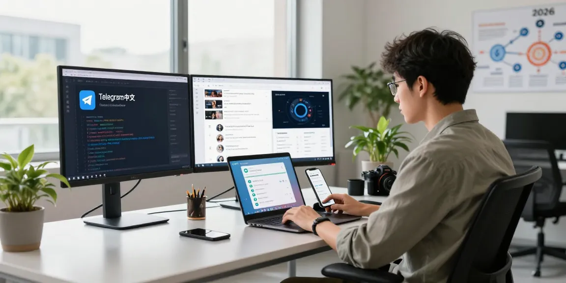 Explore Telegram中文 in a modern workspace, showcasing tech interface and communication trends.