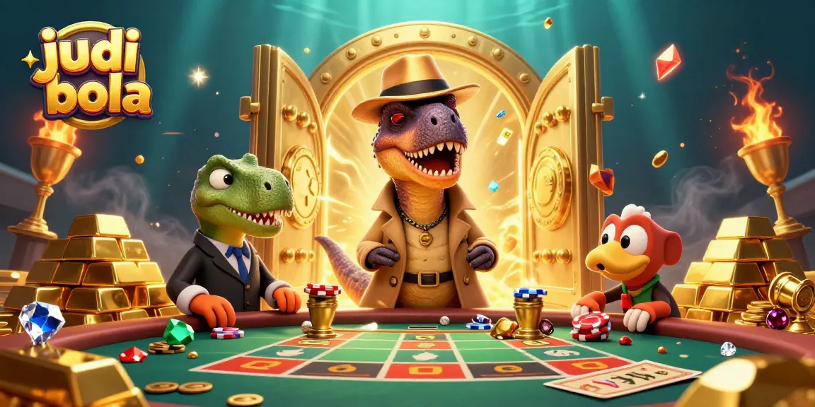 Engage in judi bola betting with a velociraptor at a packed sports betting table.