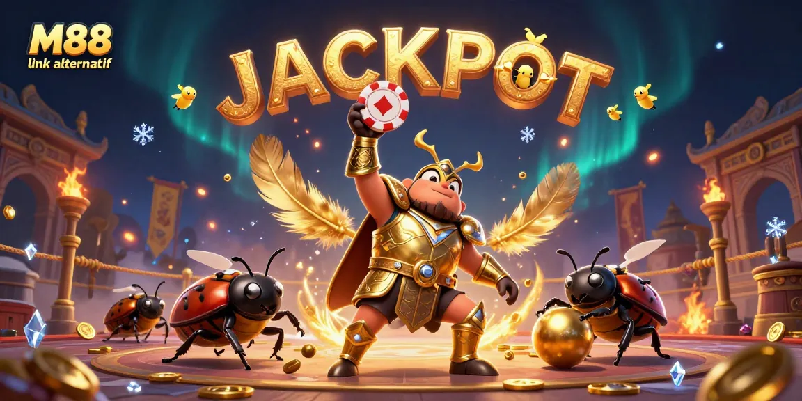 Win big with M88 link alternatif featuring a 3D beetle champion in an engaging casino arena.