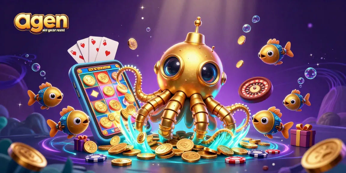 Engage with agen slot gacor resmi through an exciting scene of a golden kraken submarine and slot elements.
