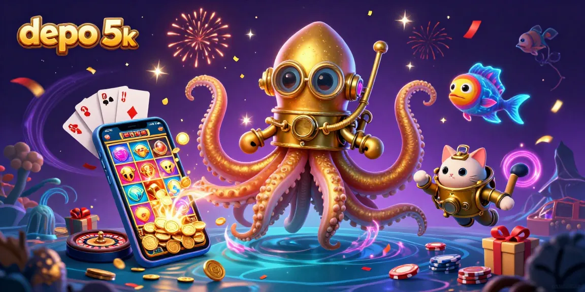Engage in gaming thrills with depo 5k, featuring a kraken, diving cat, and colorful slot elements.