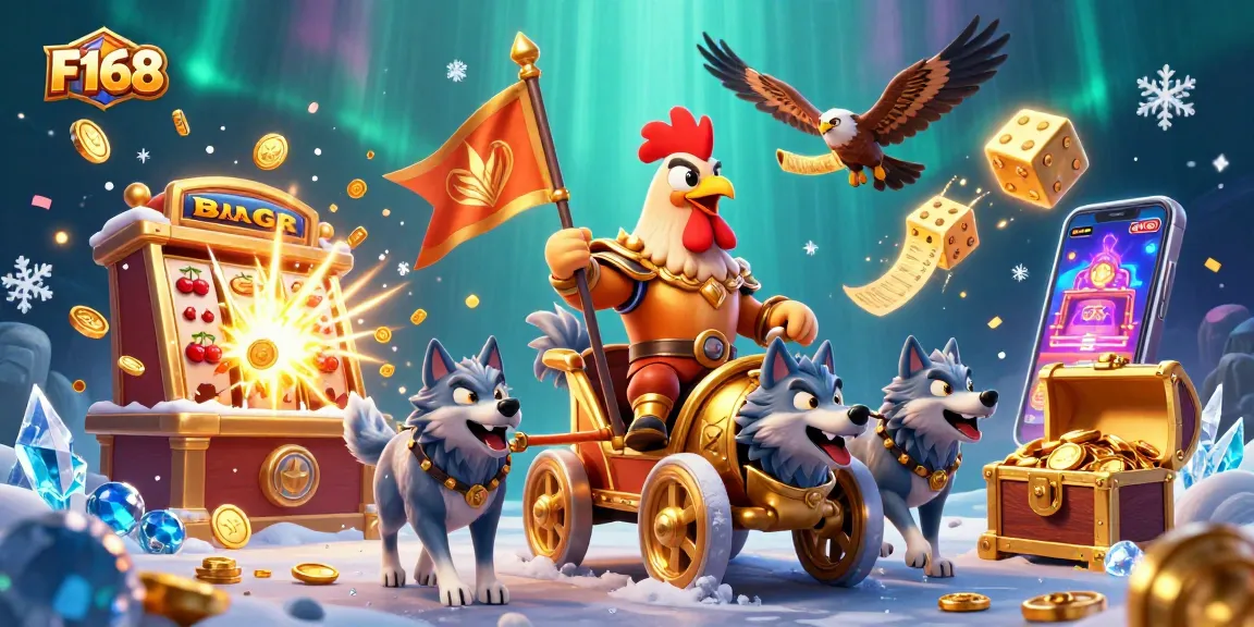 Engage with F168's thrilling jackpot visual, featuring slot machines and vibrant casino elements!