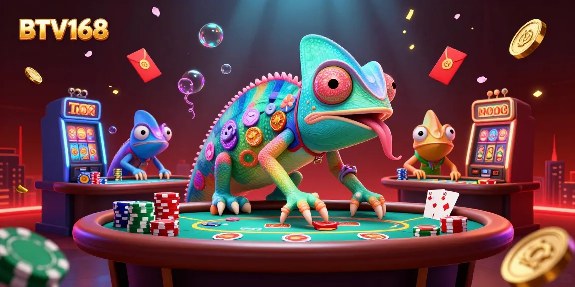 Engage with BTV168's dynamic casino illustration featuring a chameleon and vibrant gambling elements.