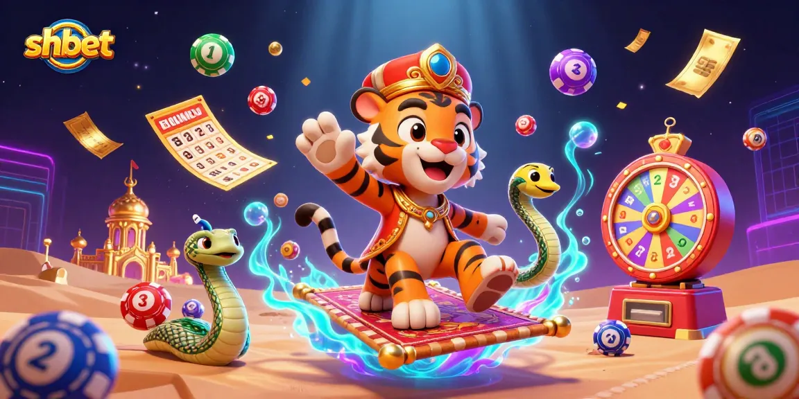Win amazing prizes at shbet, featuring a cartoon tiger sultan and dynamic lottery elements in a vibrant scene.