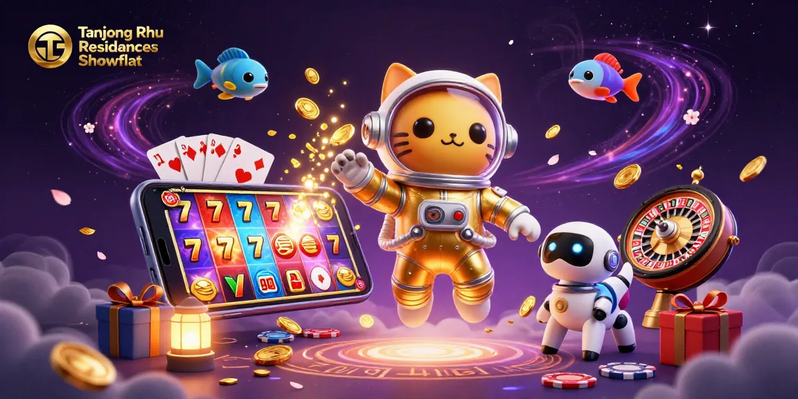 Tanjong Rhu Residences Showflat features a cartoon astronaut cat and robot dog in a vibrant gaming nebula.