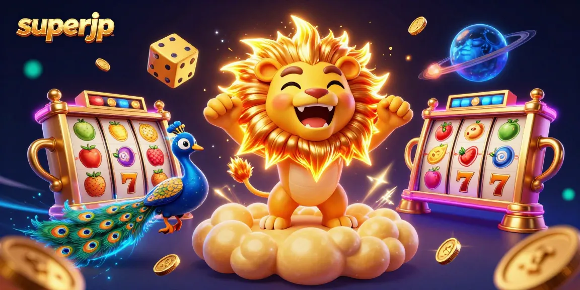 Claim your winning strategy with superjp, a vibrant 3D illustration showcasing slot reels and a triumphant lion.